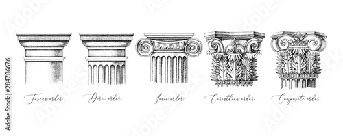 Architectural orders. 5 types of classical capitals - tuscan, doric, ionic, corinthian and composite