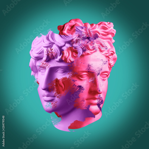 Modern conceptual art poster with ancient statue of bust of Antinous and Apollo. Collage of contemporary art.