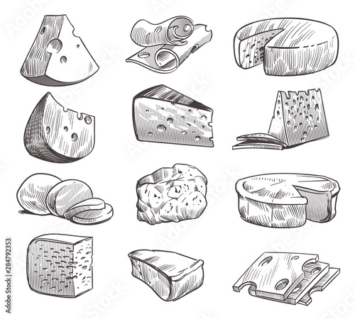 Sketch cheese. Various types of cheeses. Fresh cheddar, feta and parmesan dairy snack. Hand drawn retro vector isolated set