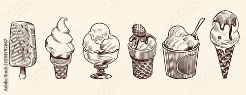 Ice cream dessert. Hand drawn black engraved vintage sweet delicious in bowl for restaurant isolated sketch vector set