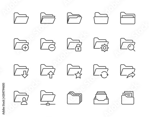 Folders flat line icons set. File catalog, document search, folder synchronization, local network vector illustrations. Outline minimal signs for web site. Pixel perfect 64x64. Editable Strokes