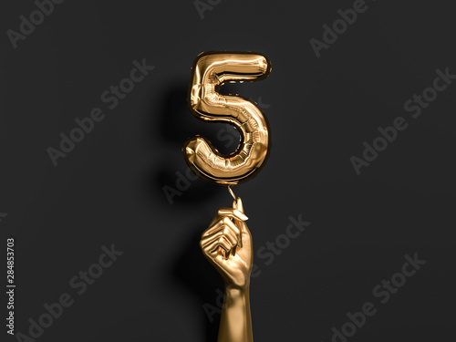 Five year birthday. Golden hand holding Number 5 foil balloon. Five-year anniversary background. 3d rendering