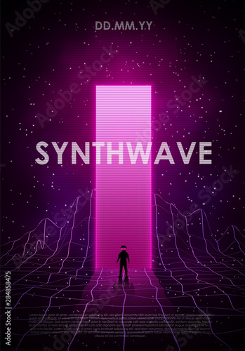 Retrowave synthwave vaporwave illustration with laser grid landscape in the starry space, through the brightly glowing pink portal a man in a spacesuit came out. Design for flyer, poster.
