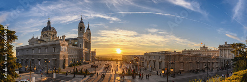 Madrid Spain panorama city skyline sunset at Cathedral de la Almudena