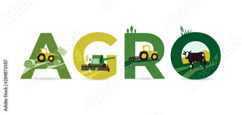 Letters AGRO with Illustrations of agriculture, tractor, farm land, cow, hayfield, haystack rolls, livestock, harvest, combine harvester. Template for banner, annual report, prints,flyer, booklet, web