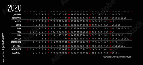 English creative calendar 2020 - linear simple design, creative horizontal grid with selected sundays. Black background and white numbers, red holidays - mondays. Editable template.