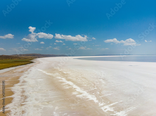 Aerial view of Lake Tuz, Tuz Golu. Salt Lake. White salt water. It is the second largest lake in Turkey and one of the largest hypersaline lakes in the world. Central Anatolia Region