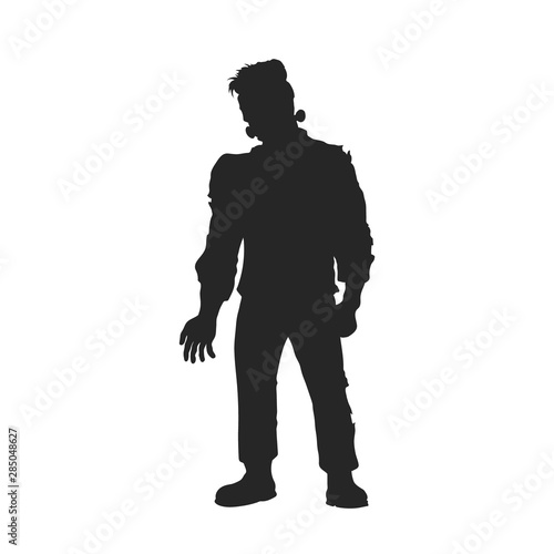 Black silhouette of frankenstein monster. Halloween party. Isolated image of scary zombie. Dead man on white background