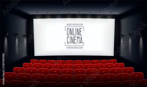 Empty movie theatre. Cinema hall with white screen and red chairs. Modern movies theater for festivals and films presentation. Interior design. Online cinema concept. Vector illustration.