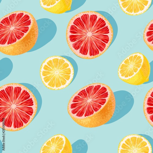 Seamless pattern with grapefruit and lemon slices
