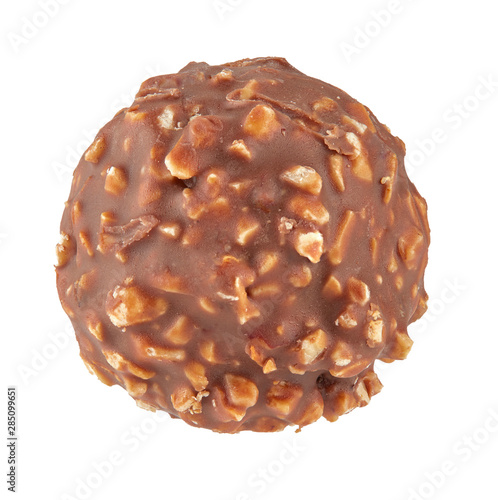 Beautiful chocolate candy ball shape with filling and nuts, isolated on white background. Full sharpness across the entire frame field.