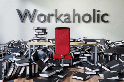 office workspace with large chaotic pile of document ring binders and paperwork, workaholic conceptual 3D Illustration