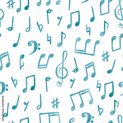 Seamless blue music notes pattern. Musical watercolor background.