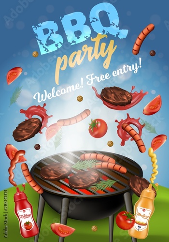 Bbq Party Banner, Grilling Machine with Meat.