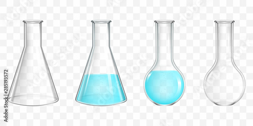Different shape, empty, filled with water, blue liquid, chemical reagent lab flasks 3d realistic vector set isolated on transparent background. Scientific or medical laboratory glassware illustration
