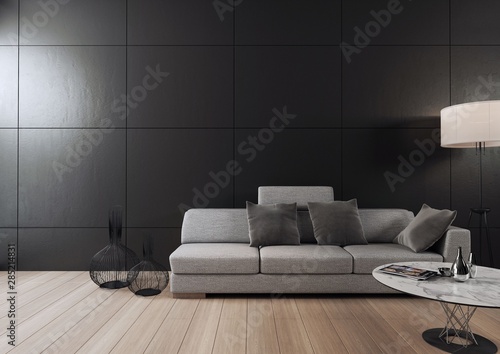 Minimalistyczne wnętrze z sofą, stolikiem i wazonami na tle ściany z czarnymi panelami. 