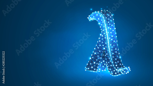 Lambda, the letter of a Greek alphabet. Greek numerals, mathematical number thirty concept. Abstract, digital, wireframe, low poly mesh, vector blue neon 3d illustration. Triangle, line, dot