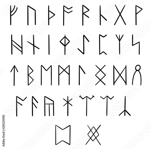 Anglo-Saxon futhark runic font. 33 runes. ABC hand drawn letters. Ancient futhark. Black symbols are isolated on white background.