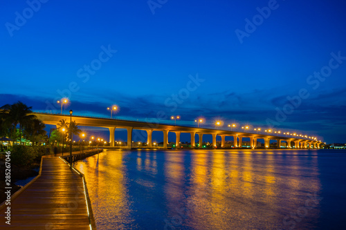 The Segmental Precast Concrete Roosevelt Bridge as seen from the Riverwalk in Downtown Stuart, Martin County, Florida, USA