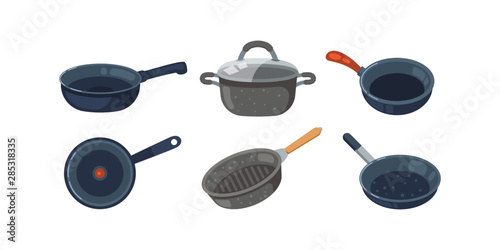 Frying pan vector icons set. Kitchen pots and different pans isolated on white background.