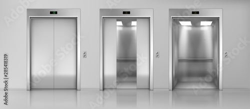 Modern passenger or cargo elevators, lifts with closed, opened and half closed, metallic cabins doors, floor indicators digits and glossy flooring in empty corridor 3d realistic vector illustration