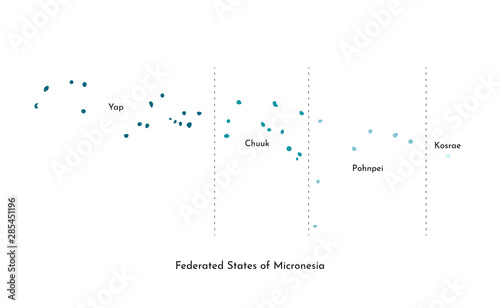 Vector isolated illustration of simplified administrative map of Federated States of Micronesia. Borders and names of the states (Chuuk, Kosrae, Pohnpei, Yap). Colorful blue khaki silhouettes