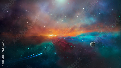 Space scene. Colorful nebula with planet and two trail. Elements furnished by NASA. 3D rendering