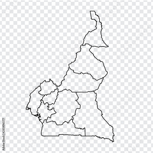 Blank map Republic of Cameroon. High quality map of Cameroon with provinces on transparent background for your web site design, logo, app, UI. Stock vector. EPS10. 