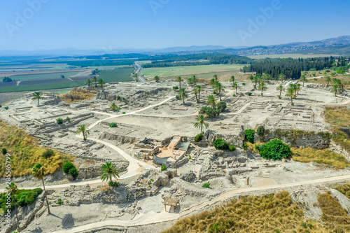 Aerial view of nine layers of archaeological excavations at Megiddo Israel site of the biblical Armageddon from the book of revelations