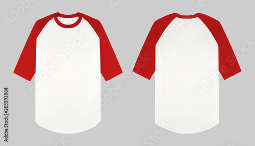 Set of raglan t shirt in front and back view isolated on background. Raglan 3/4 sleeve red and white ready for mockup or presentation your design.