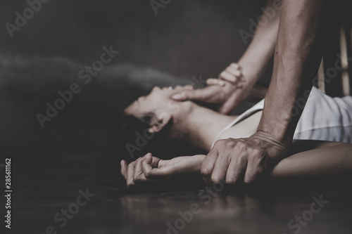 Domestic violence Concept. Husband beating and smothering wife during argument. man physically abusing his girlfriend.