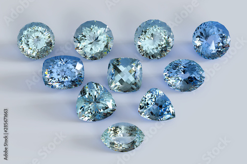 Loose portuguese cut blue aquamarine gemstones on white background