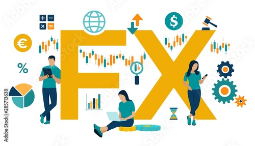 FX. Foreign Exchange Market. Global financial market. Stock Exchange. Forex Banking. Financial management and financial data analysis. Business team. Vector illustration with icons and characters.