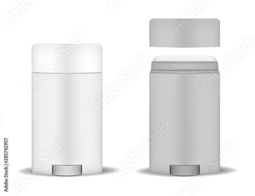 Antiperspirant deodorant stick, mockup. Open and closed container, realistic vector mock-up