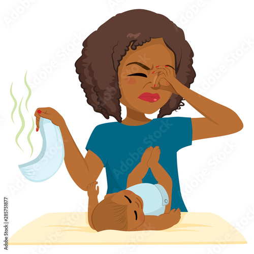 Black woman pinching nose while changing sweet little baby stinky diaper