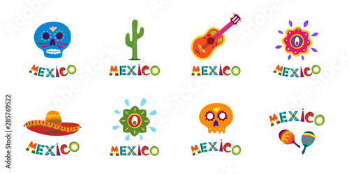 Mexico typography banner collection with colorful text decoration set. Festive mexican sombrero and cactus vector illustration ideal for national holiday celebration event