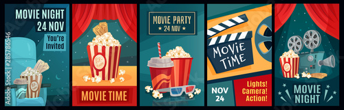 Cinema poster. Night film movies, popcorn and retro movie posters template. Cinematograph advertising banners, films ticket or movie show posters cartoon vector illustration set