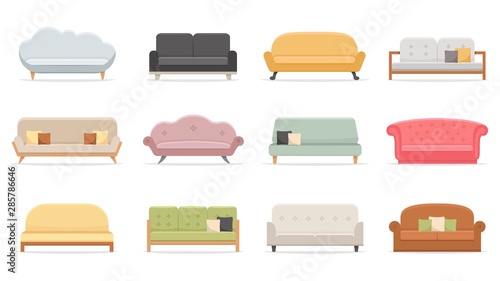 Comfortable sofas. Luxury couch for apartment, comfort sofa models and modern house sofas. Domestic couch furniture, cozy luxury fashion sofas. Flat vector isolated illustration icons set