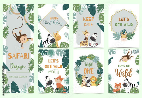 Green,gold animal collection of safari background set with lion,fox,giraffe,zebra,geometric vector illustration for birthday invitation,postcard,logo and sticker.Wording include wild one,wild and free