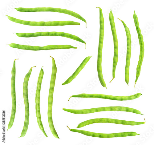 Isolated bean pods. Collection of raw green beans (haricots) isolated on white background with clipping path