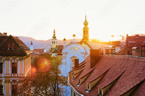 Sunset and Panoramic view and cityscape at Old city in Graz