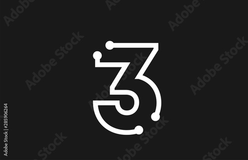 3 number black and white logo design with line and dots