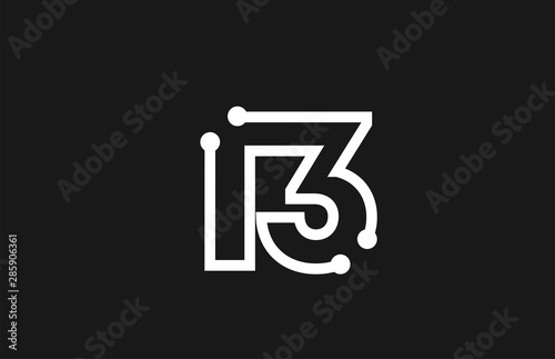 13 number black and white logo design with line and dots