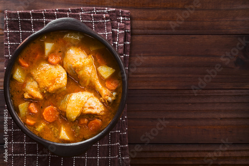 Fresh homemade chicken stew with potato, carrot and celery, seasoned with paprika in rustic bowl, photographed overhead with copy space on the side