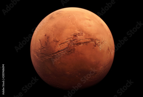 Planet Mars, in red rusty color, on a dark background. Elements of this image were furnished by NASA