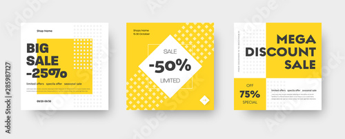 Vector square web banner templates for big and mega sale with yellow square elements.