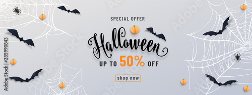 Halloween sale banner, party invitation concept background. Holiday design with bats, spider, cobweb, pumpkin, lettering font text. Paper cut style. Vector illustration