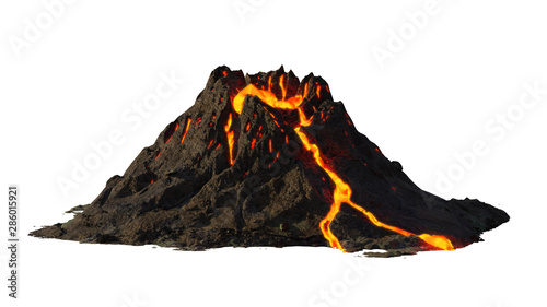 volcano eruption, lava coming down a mountain, isolated on white background