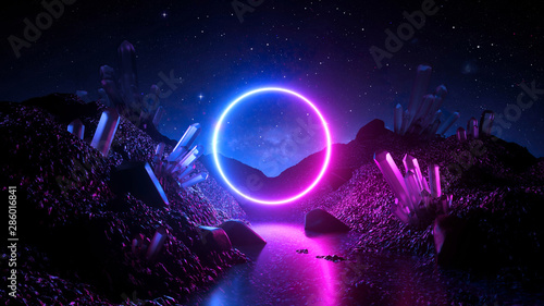 3d render, abstract neon background, mystical cosmic landscape, pink blue glowing ring over terrain, round frame, virtual reality, dark space, ultraviolet light, crystal mountains, rocks, ground