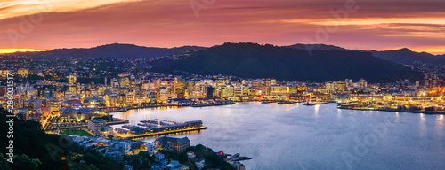 Wellington city and harbour from Mount Victoria at sunset.